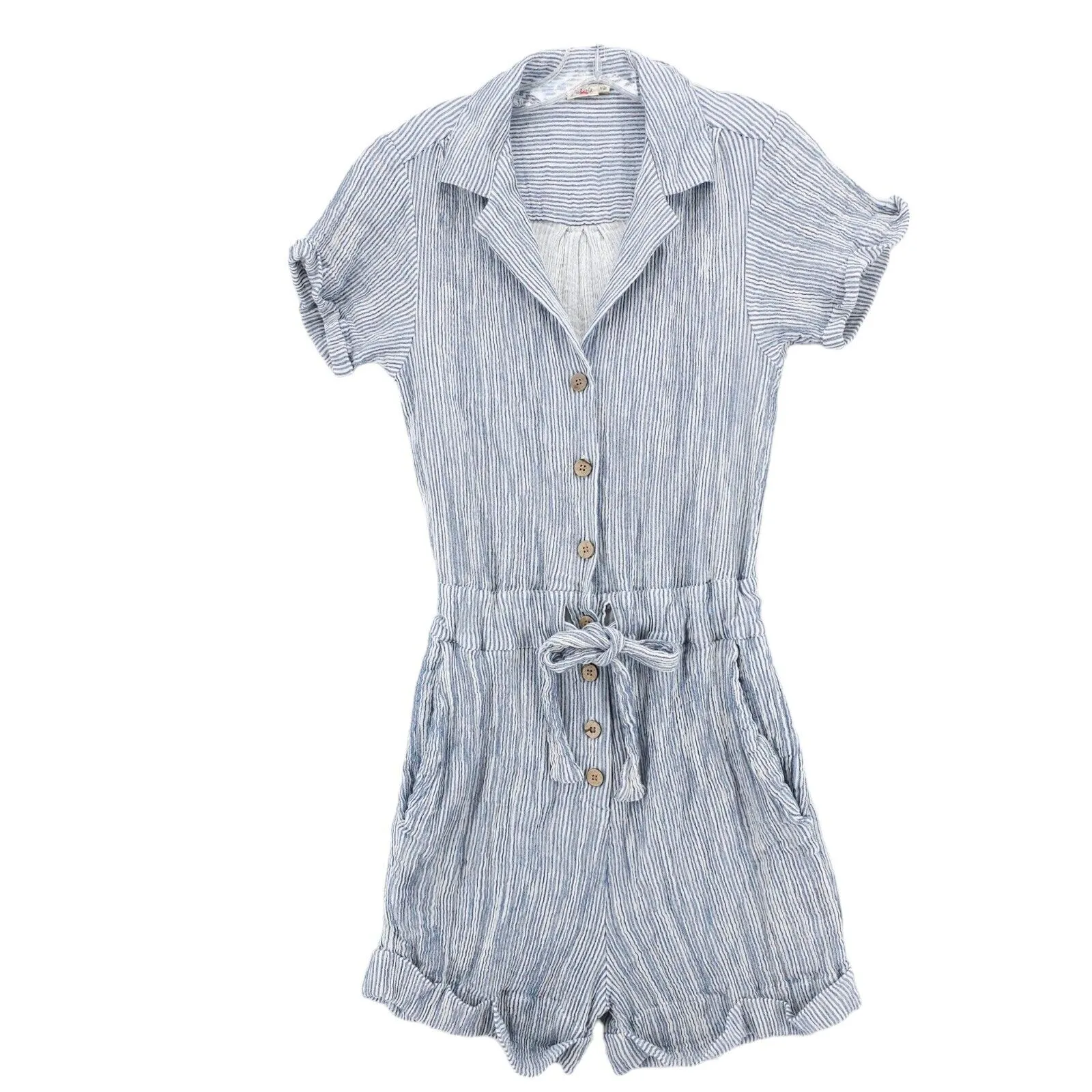 FAHERTY Izzy Romper Blue White Stripe Gauze 100% Cotton Cuffed MEDIUM