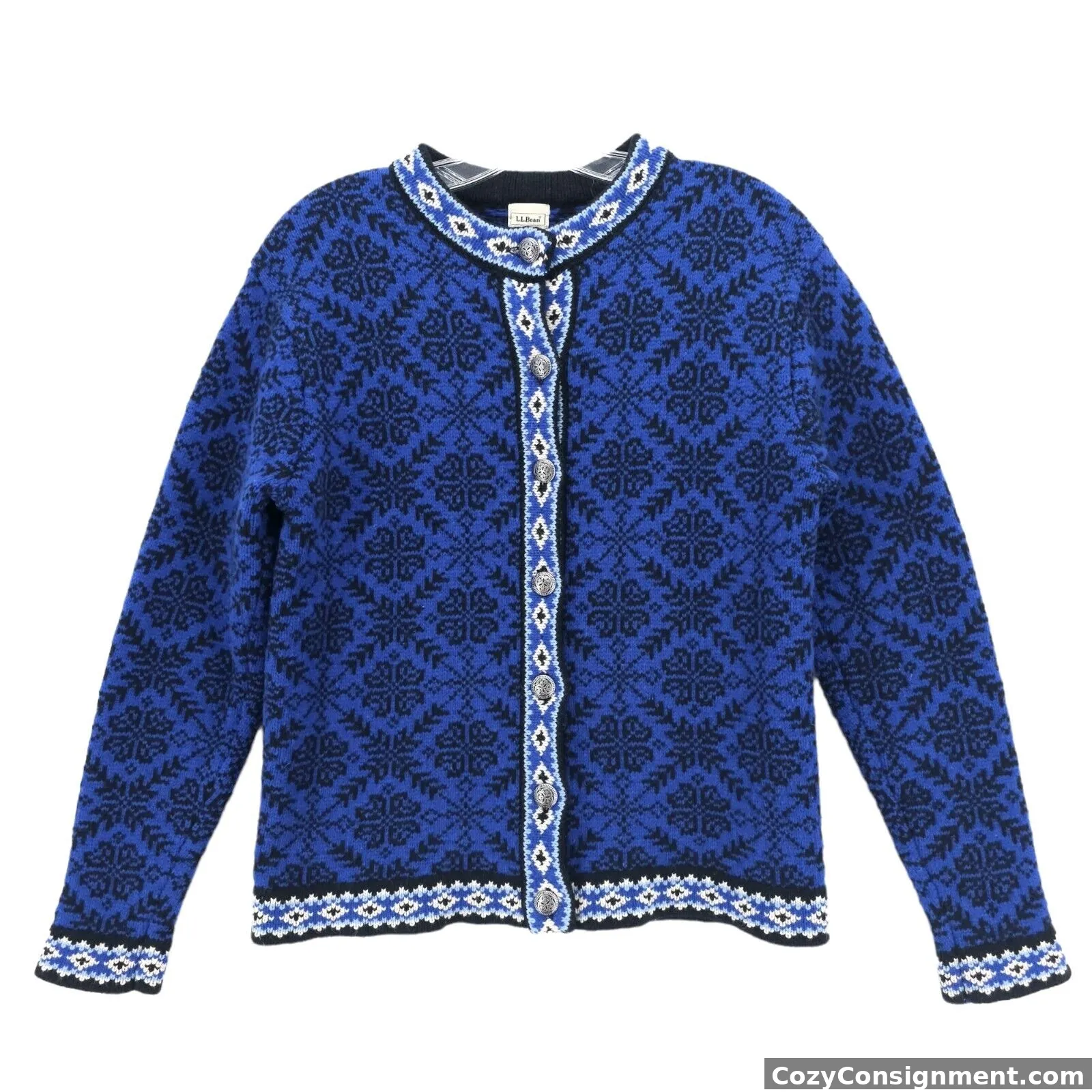 LL BEAN 100% Merino Wool Blue Cardigan Sweater Fair Isle Snowflake Australia MED