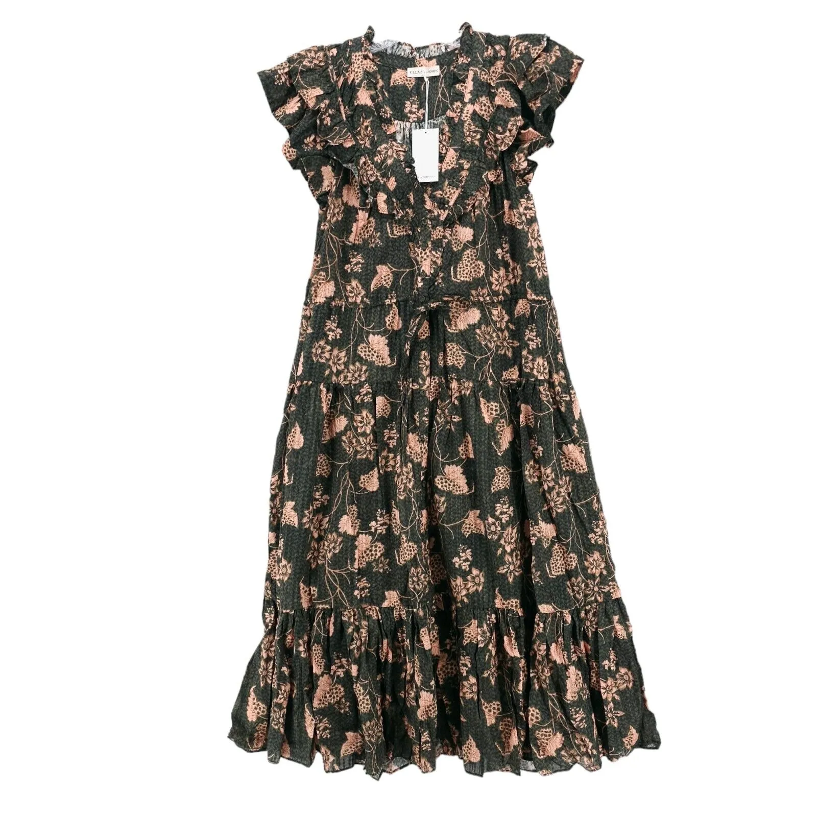 NWT ULLA JOHNSON Romina Midi Dress Balsam Green Floral Button Down Tiered Sz 4