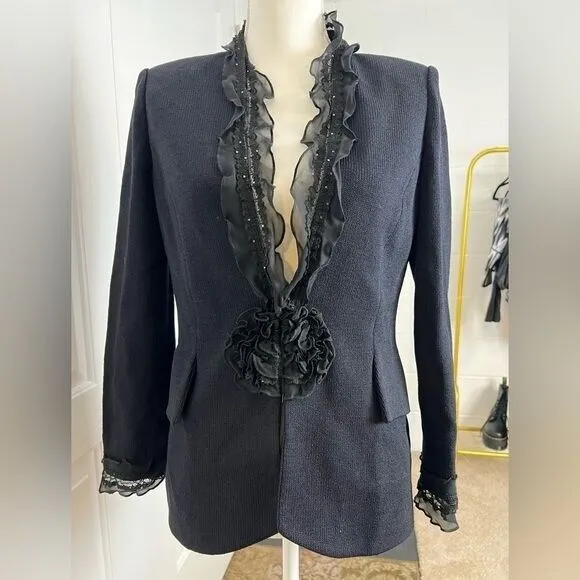 ST JOHN Evening Knit Blazer Ruffle Sequin & Flower Details Midnight Blue Size 4