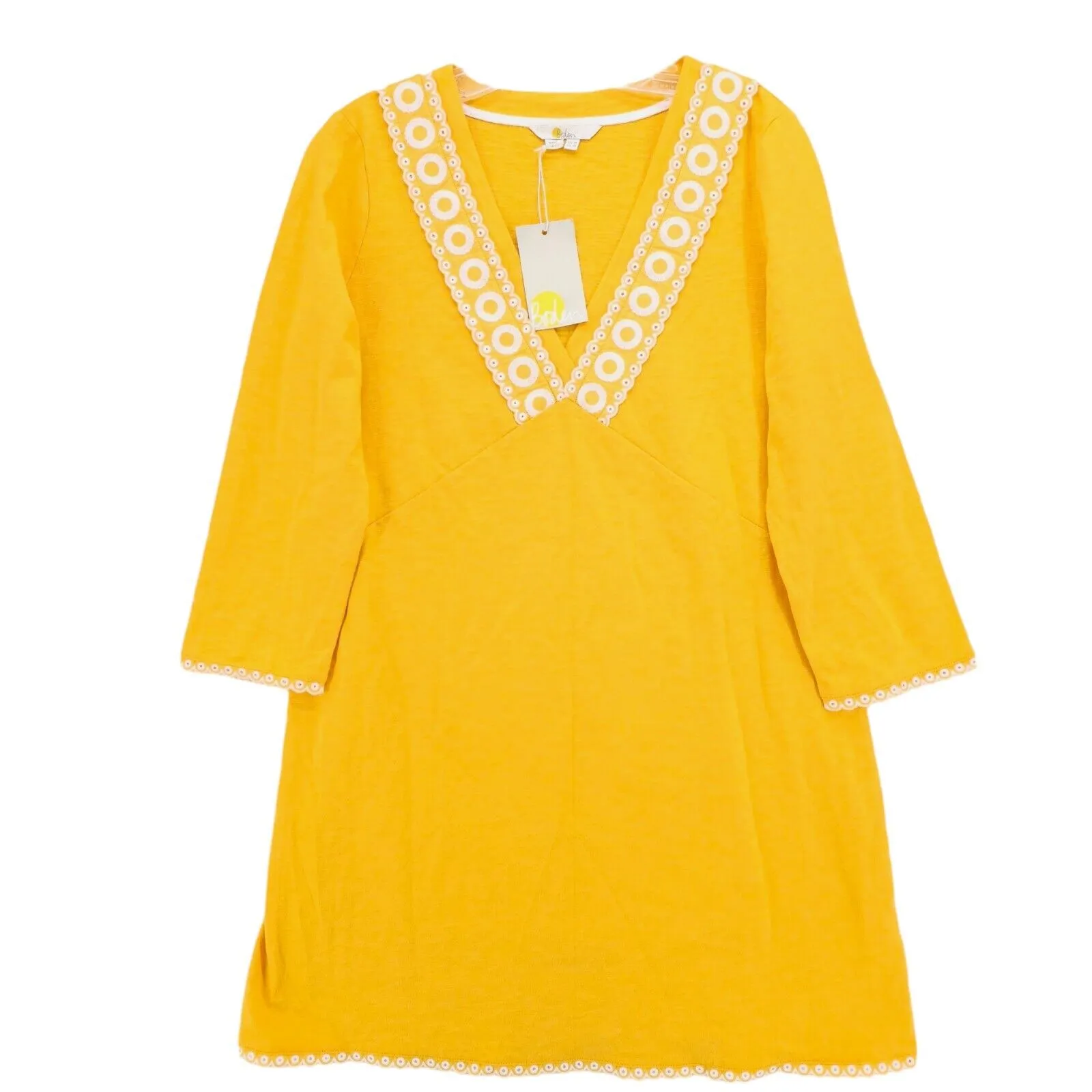 NWT BODEN Rosanna Jersey Tunic Dress Bright Yellow Embroidered US 10