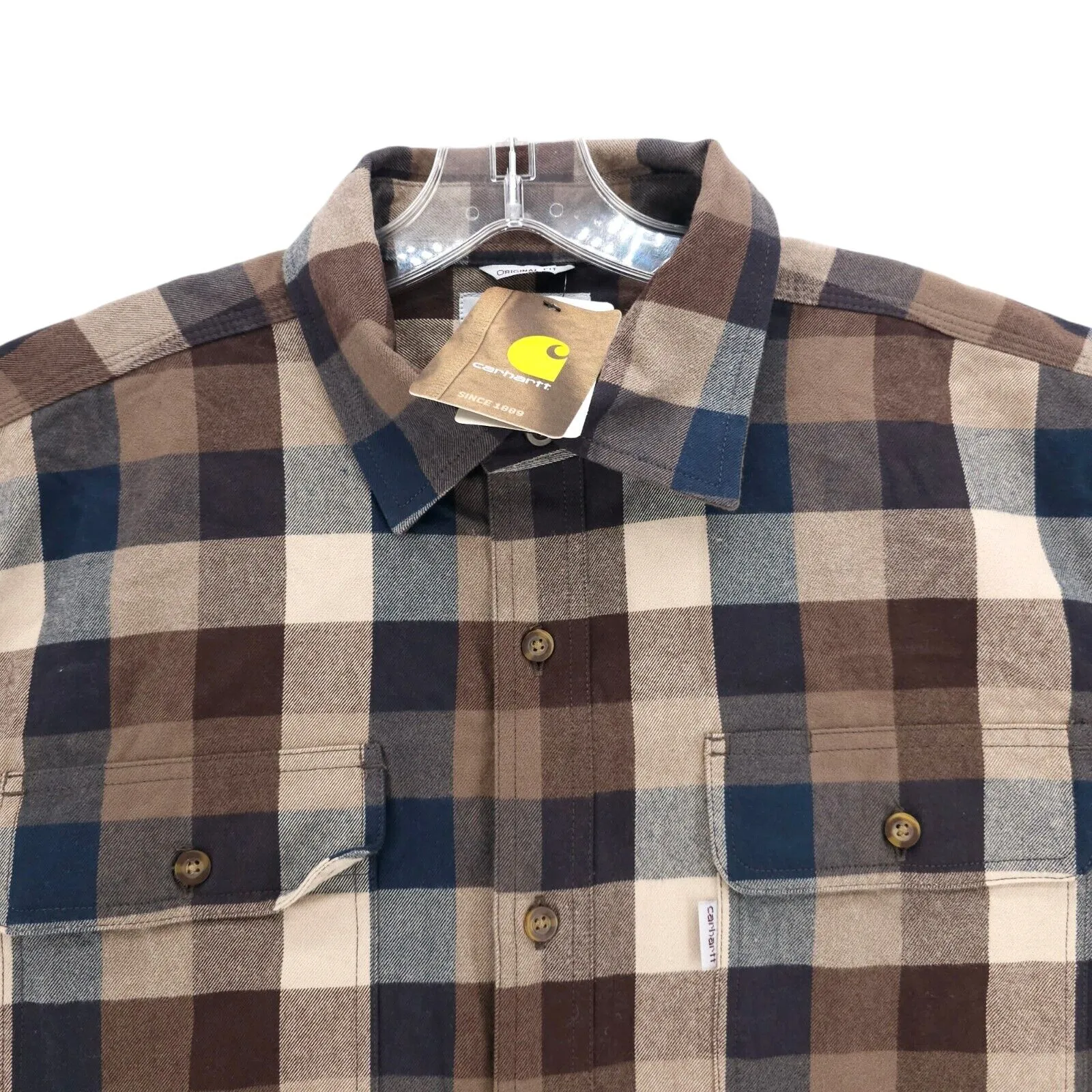 NWT CARHARTT Hubbard Flannel Shirt 101749 Brown Check Original Fit Cotton MEDIUM