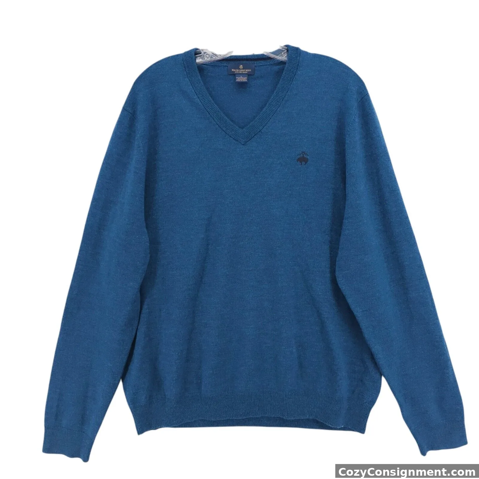 BROOKS BROTHERS Blue V-Neck Sweater Extra Fine Merino Wool Blend Stretch LARGE