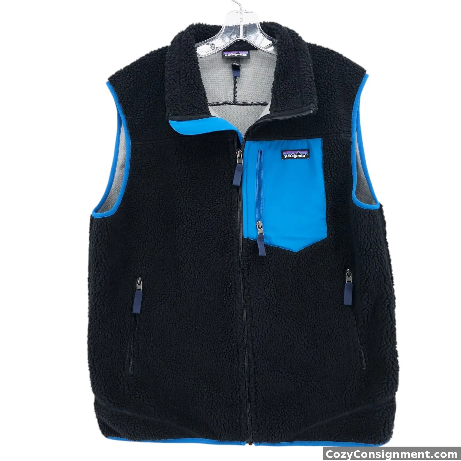 PATAGONIA Mens Classic Retro-X Vest Full Zip Deep Pile Fleece Black Blue LARGE