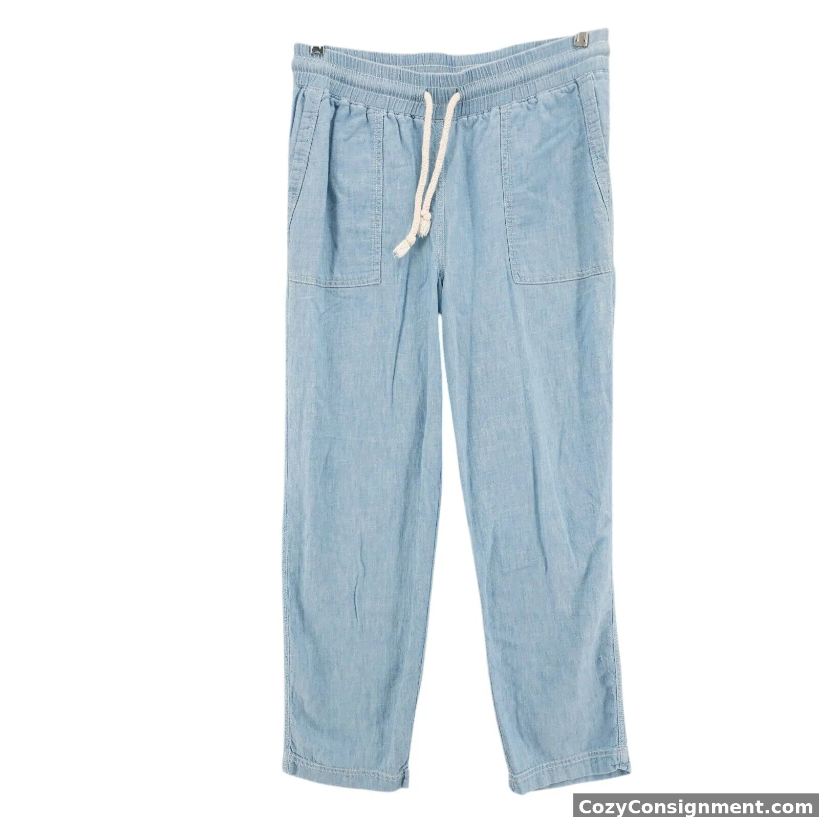 FAHERTY Women's Pants Blue Cotton Linen Blend Elastic Waist Drawcord MEDIUM