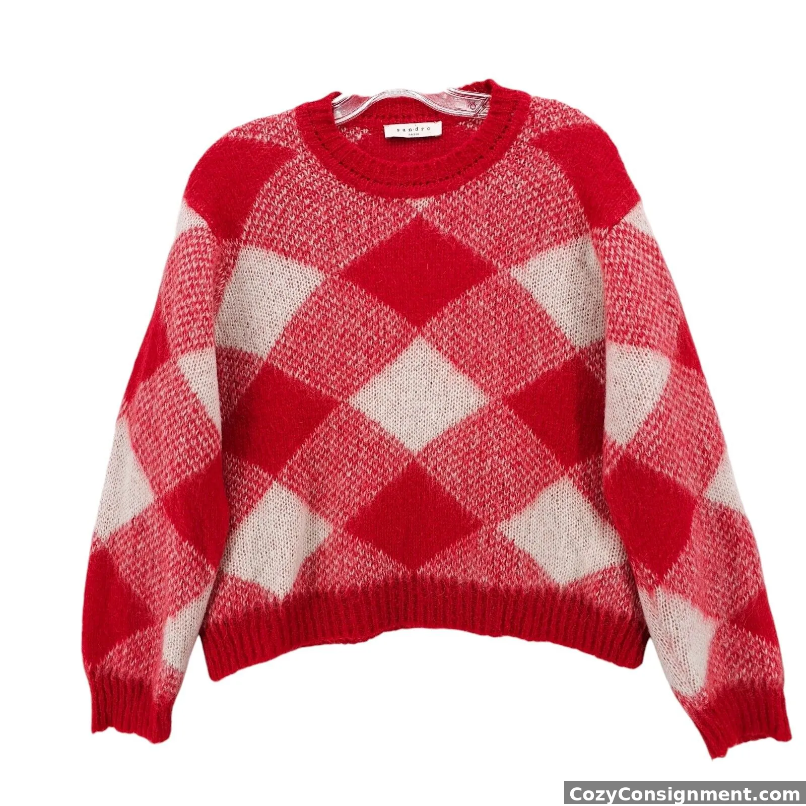 SANDRO PARIS Sweater Red Acrylic Mohair Fuzzy Diamond Check Size 1 - SMALL