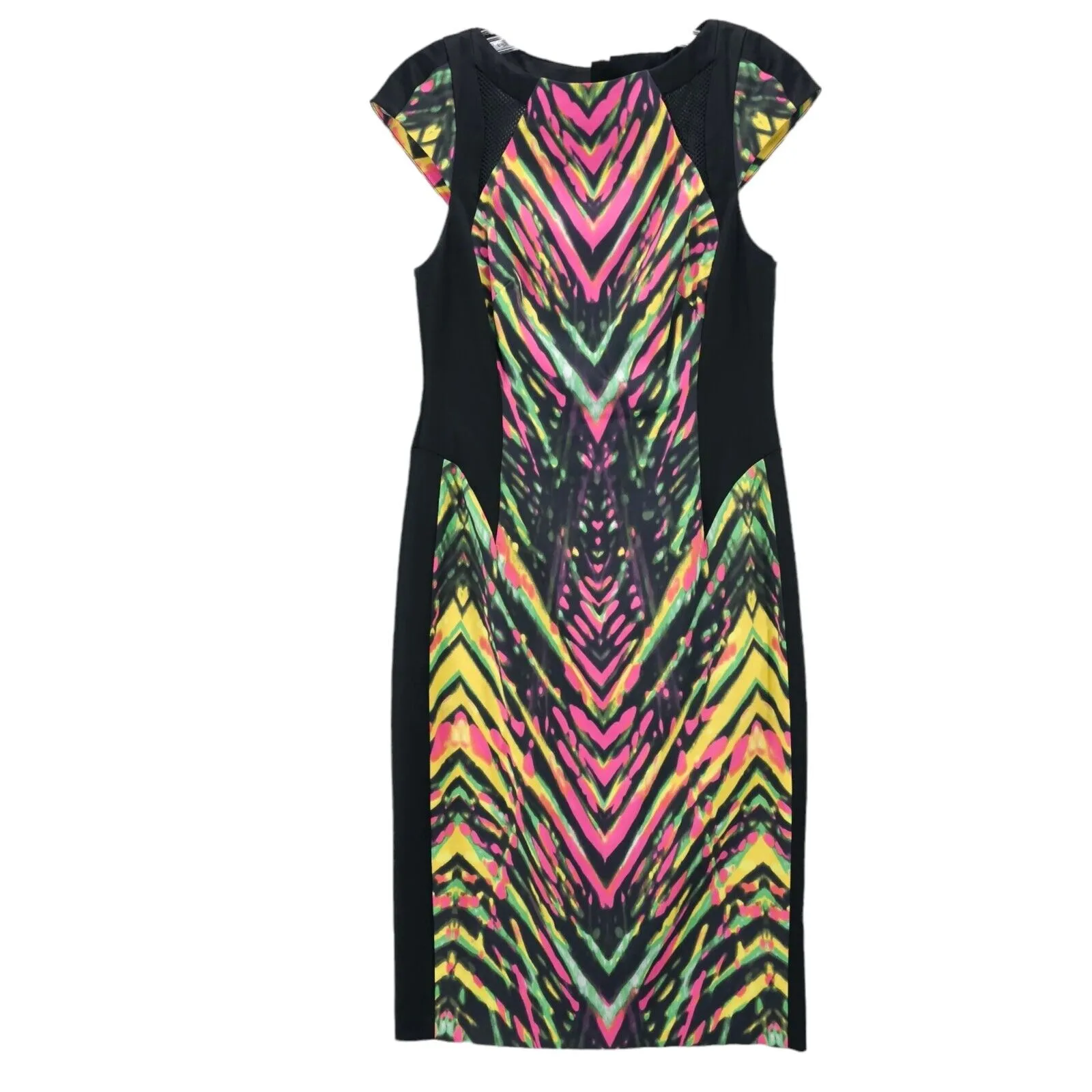 KAREN MILLEN Colorful Bodycon Pencil Dress Abstract Print Mesh Cutout Size US 10