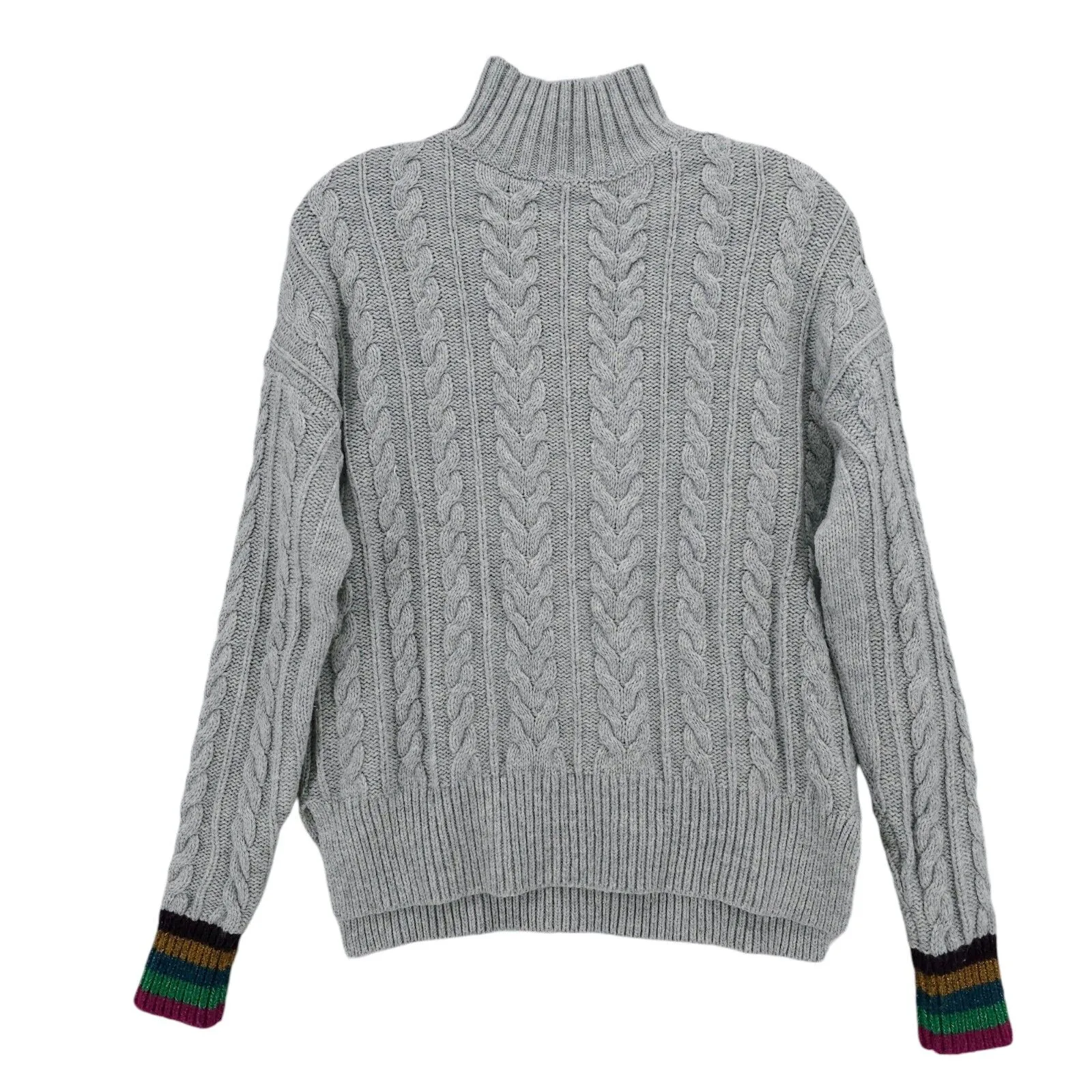 BODEN Winifred Gray Cable Knit Sweater Mock Neck Sparkly Colorful Cuffs MEDIUM