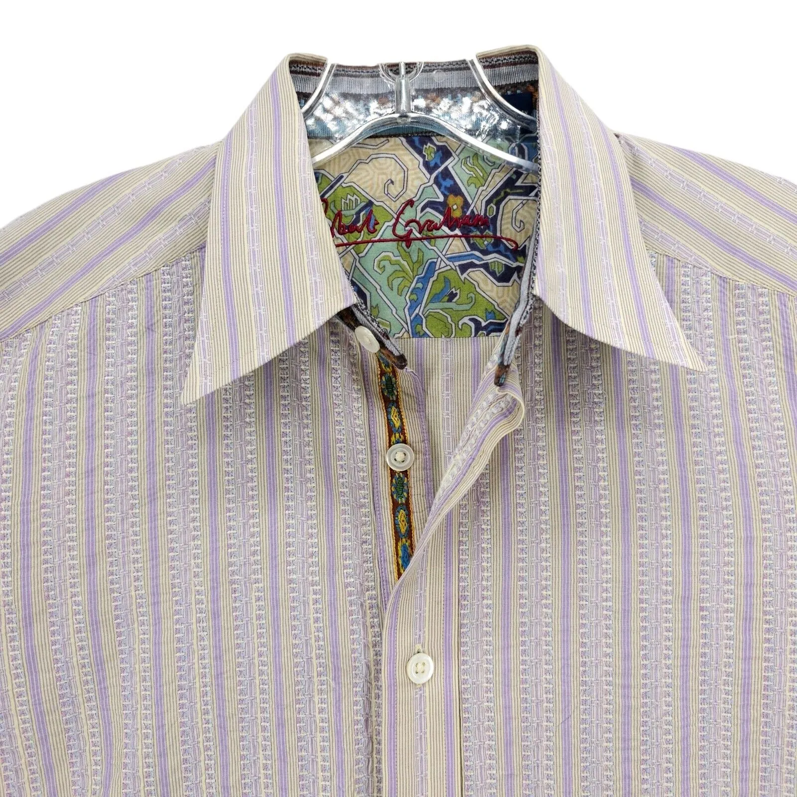 ROBERT GRAHAM Flip Cuff Shirt Purple Yellow Stripe Embroidered Size MEDIUM