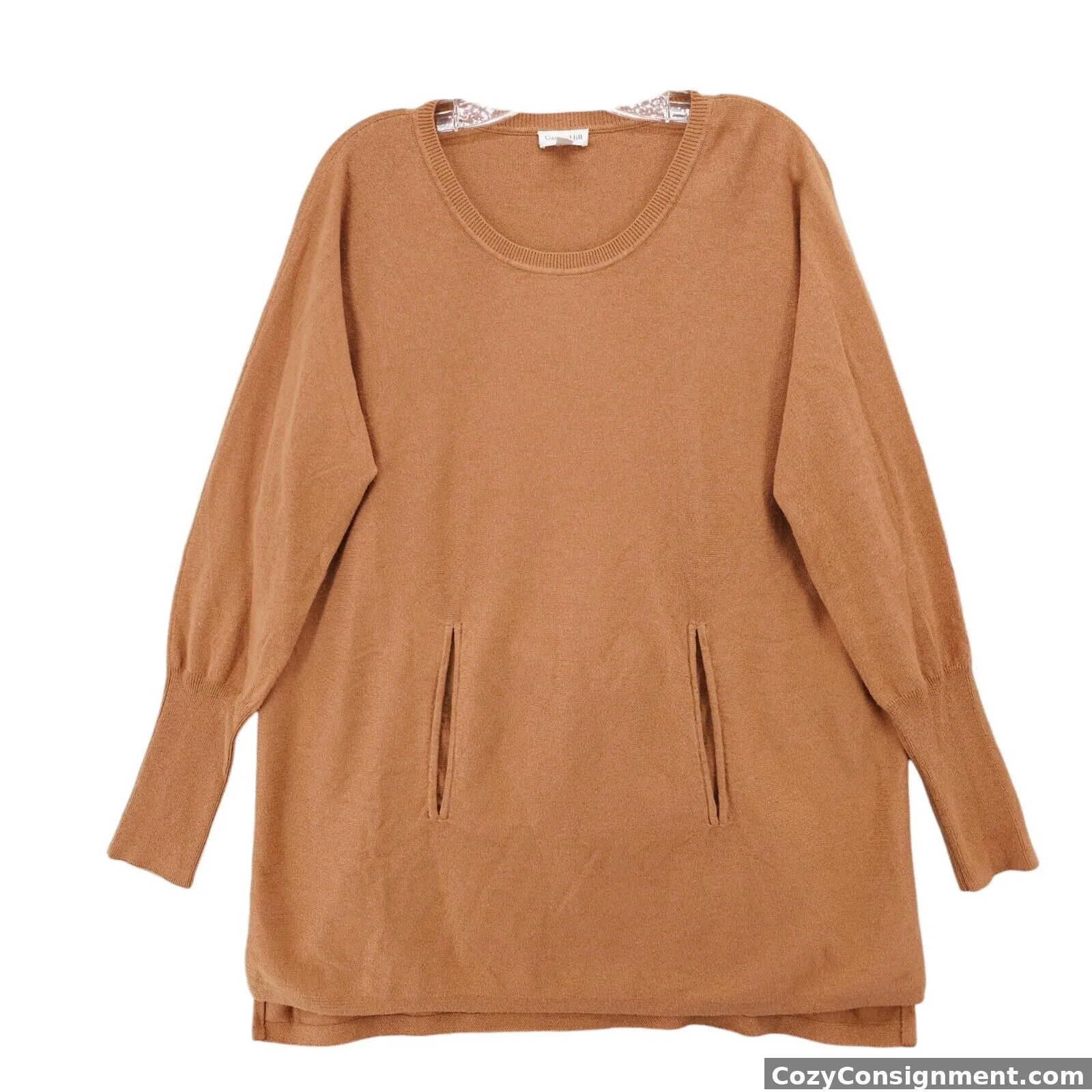 Garnet Hill 100% Organic Cotton Sweater Tunic Relaxed Pocket Gold Brown MEDIUM