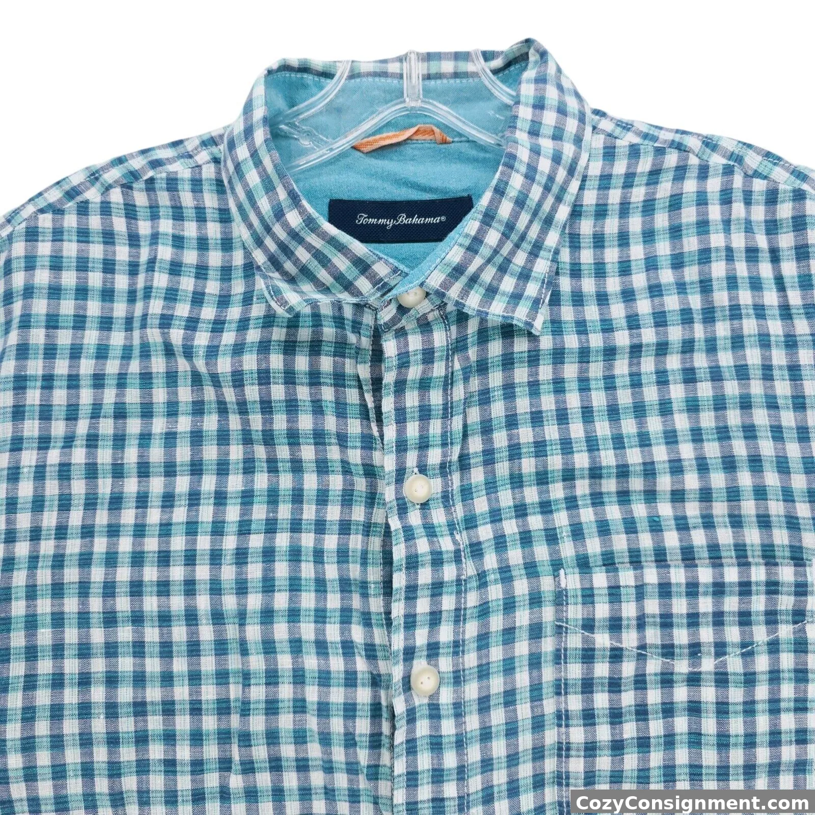 TOMMY BAHAMA 100% LINEN Short Sleeve Woven Shirt Blue Green Check LARGE