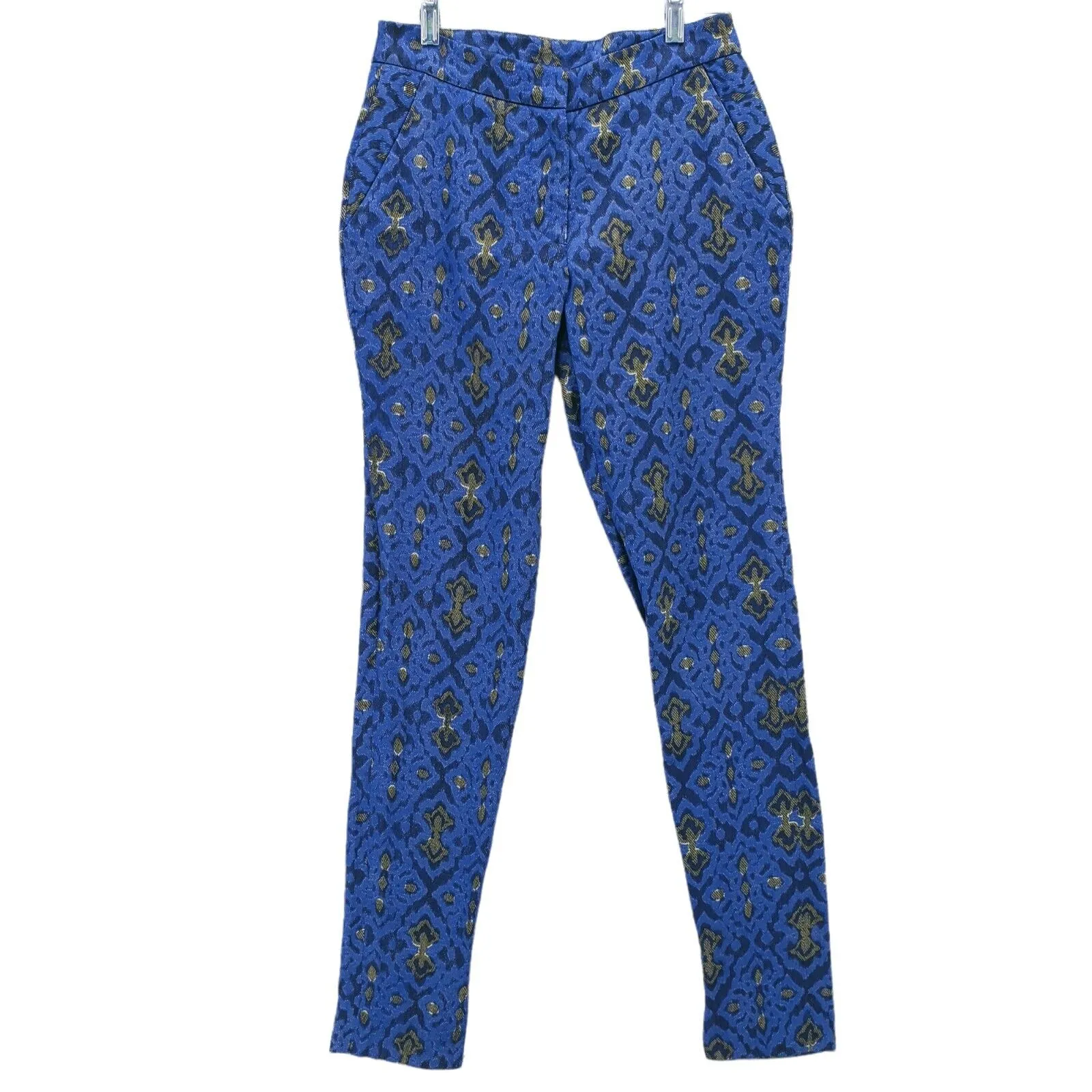 WES GORDON Jacquard Tapered Pants Blue Gold Polyester Silk Size 0