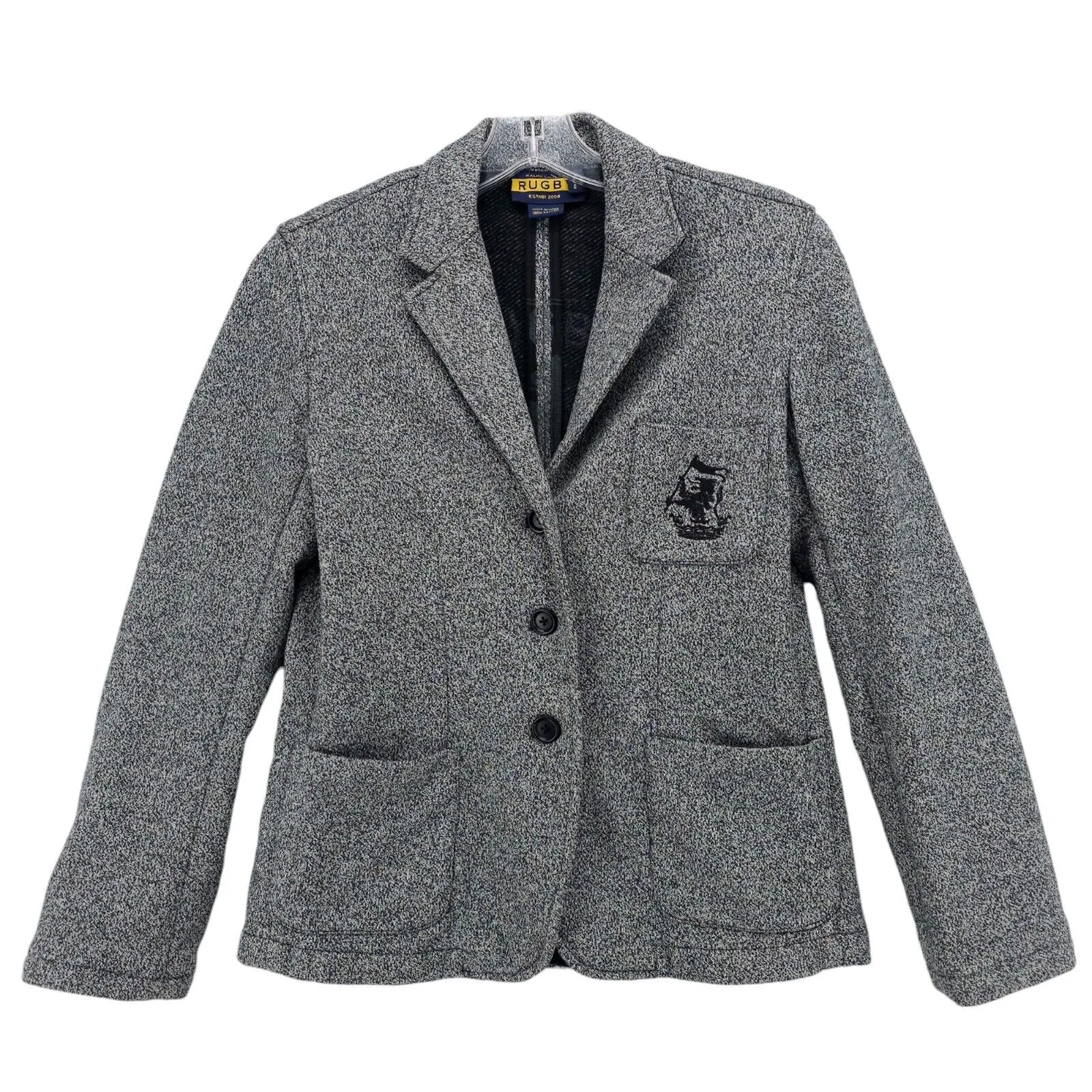 Ralph Lauren Rugby Knit Preppy Blazer Marled Gray Embroidered Crest Size SMALL