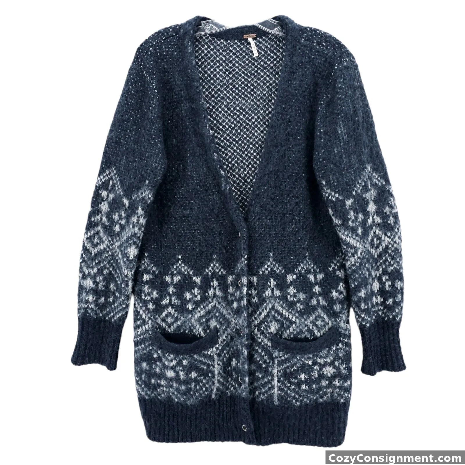 FREE PEOPLE Cardigan Blue White Nordic Cozy Fuzzy Size XS Oversized