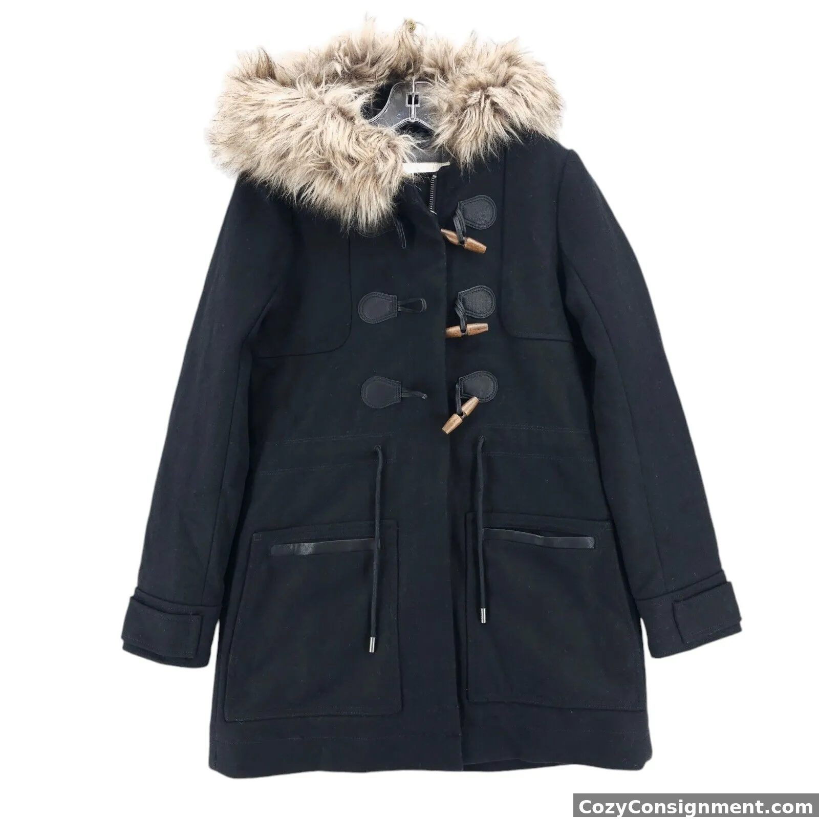 NWT ABERCROMBIE & FITCH Black Wool Blend Toggle Coat Faux Fur Women's SMALL