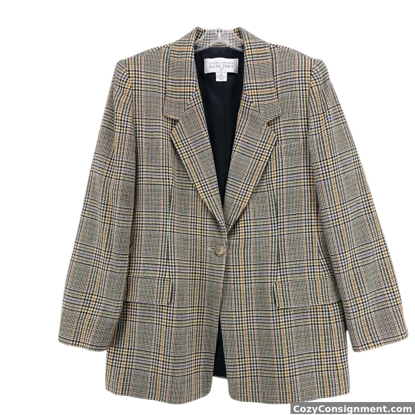 Linda Allard Ellen Tracy Blazer Jacket Wool Cashmere Houndstooth Plaid Size 14