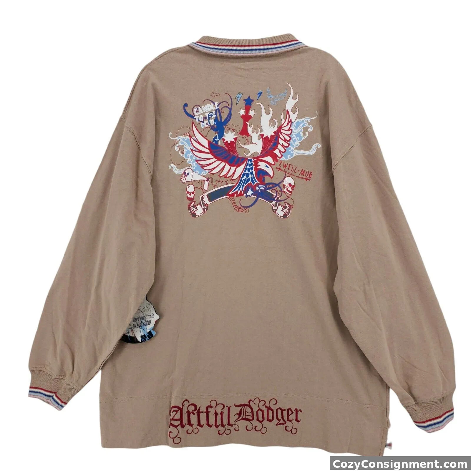 NWT ARTFUL DODGER Beige Long Sleeve Polo Shirt Graphic Skull Eagle Size 3XL