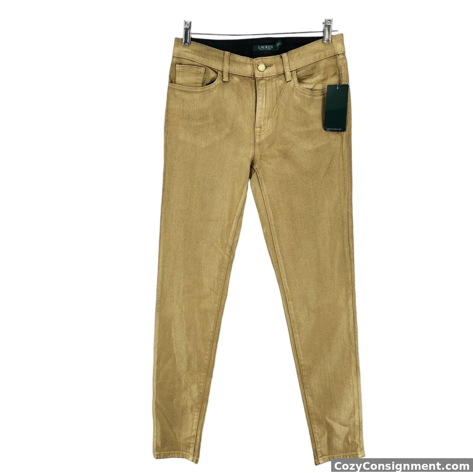 LRL Ralph Lauren Gold Coated Jeans Stretch Cotton Blend Size 2