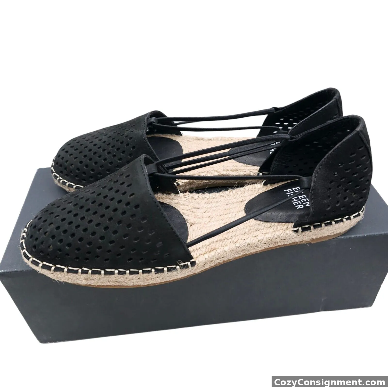 NEW Eileen Fisher Lee 2 Espadrille Flats Black Tumbled Nubuck Perforated 7.5 M