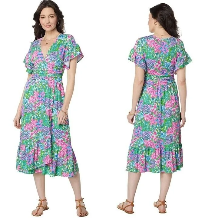 NWT LILLY PULITZER Juliet Ruffle Midi Dress Cherry On Top Faux Wrap Size MEDIUM