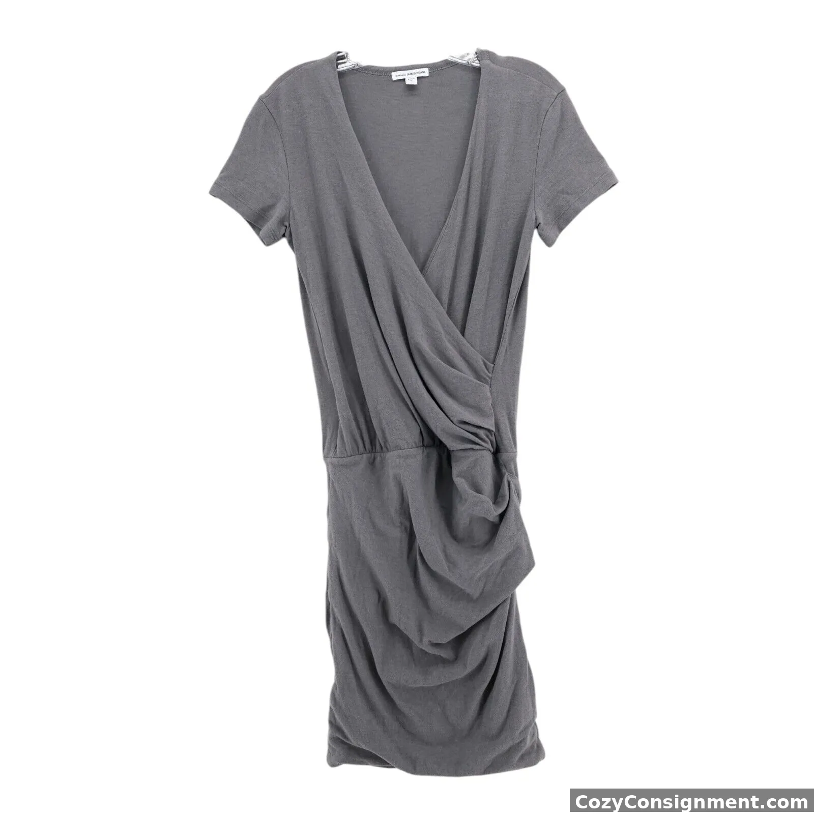 JAMES PERSE Gray Faux Wrap Short Sleeve Dress Ruched Cotton Blend Size 1 SMALL