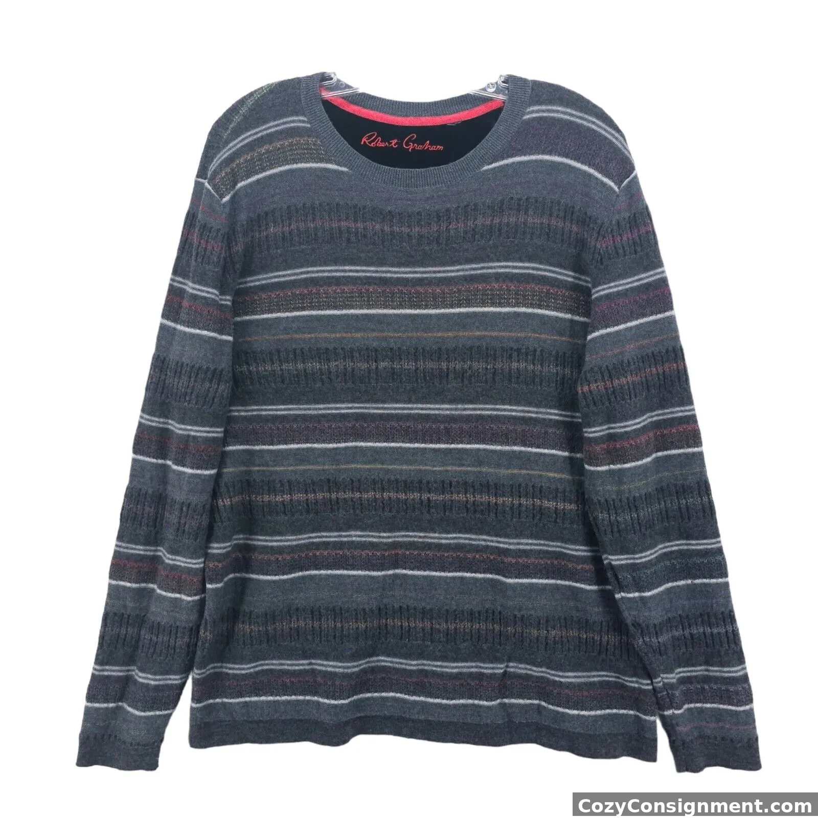 ROBERT GRAHAM 100% Wool Gray Striped Pullover Sweater Estimated Size M/L