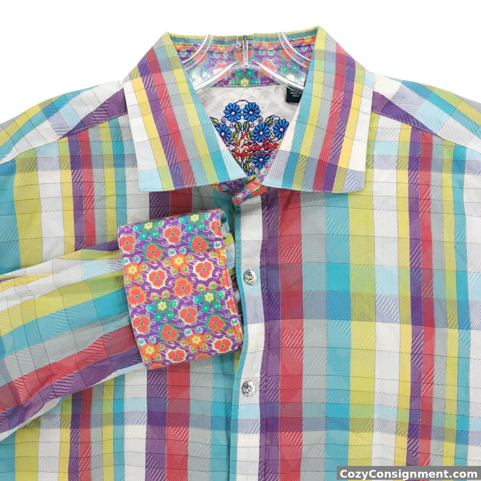 ROBERT GRAHAM Button Up Shirt Flip Cuffs Check Floral Trim Textured Size XL