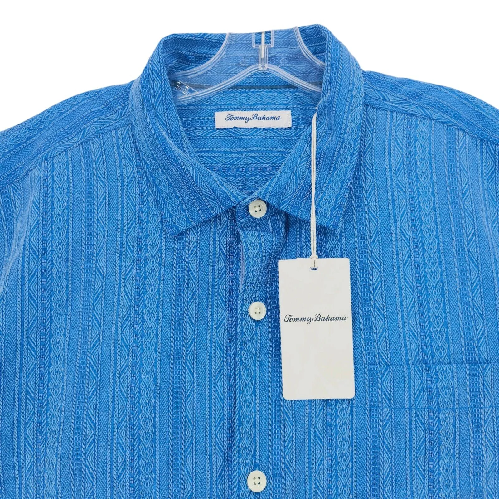 NWT TOMMY BAHAMA 100% Silk Blue Short Sleeve Shirt Woven Striped Size XL