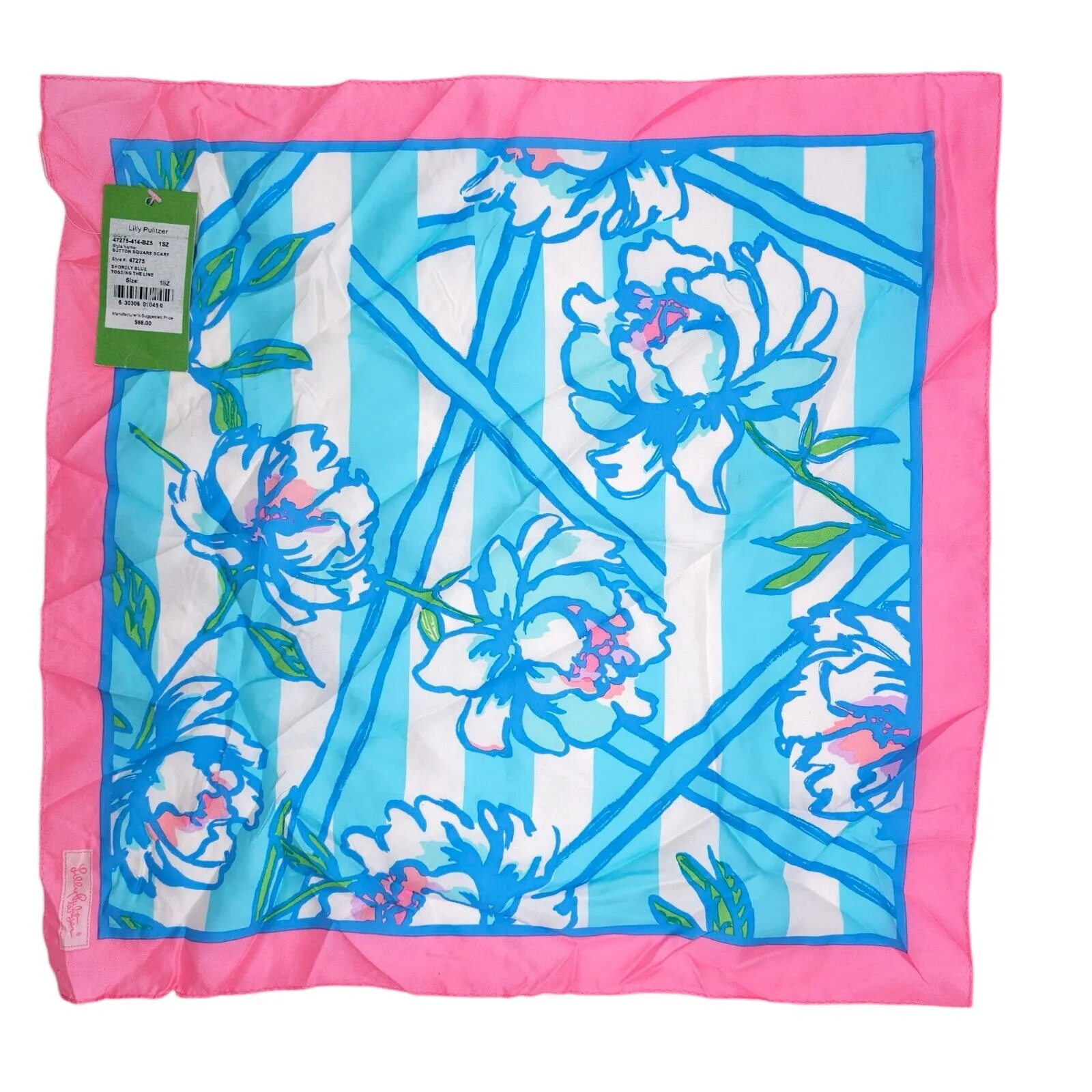 NWT LILLY PULITZER 100% Silk Sutton Square Scarf Shorely Blue Tossing The Line