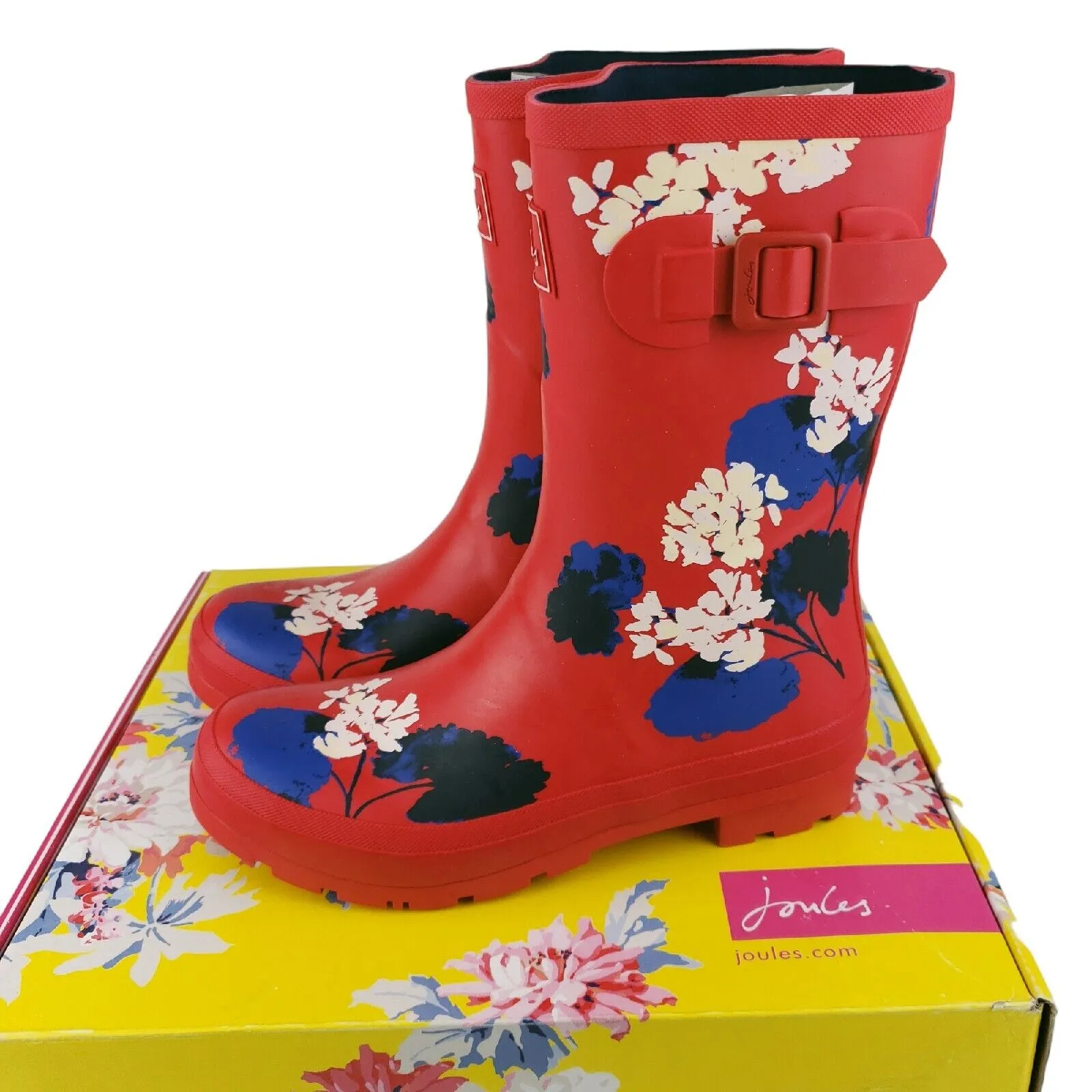 NWT JOULES Molly Mid Calf Rain Boots RED Floral Size US 9