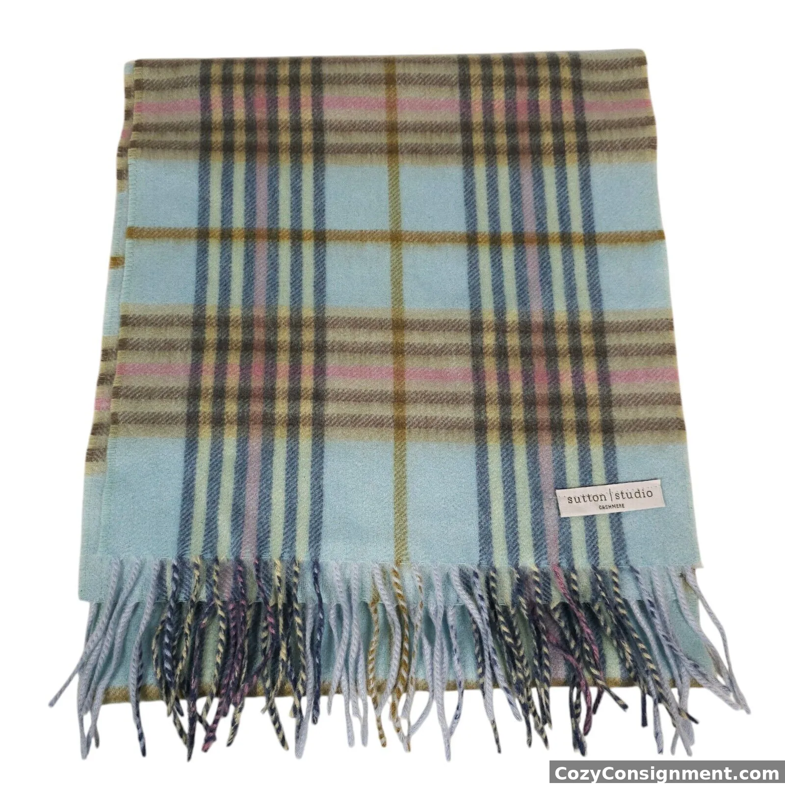 SUTTON STUDIO 100% Cashmere Plaid Scarf Fringe Detail