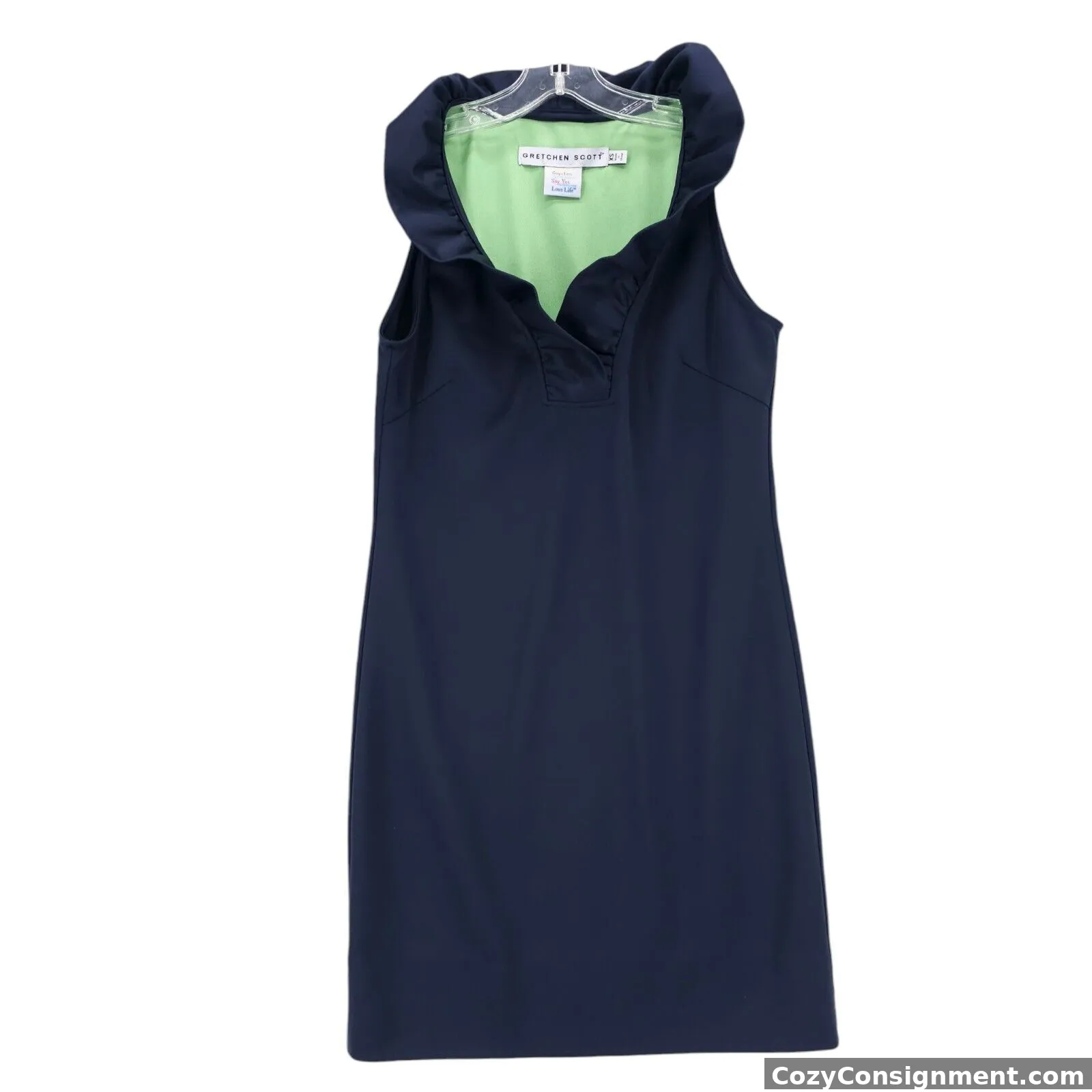 GRETCHEN SCOTT Blue Shift Dress Jersey Ruffled Neckline Sleeveless Stretch XS