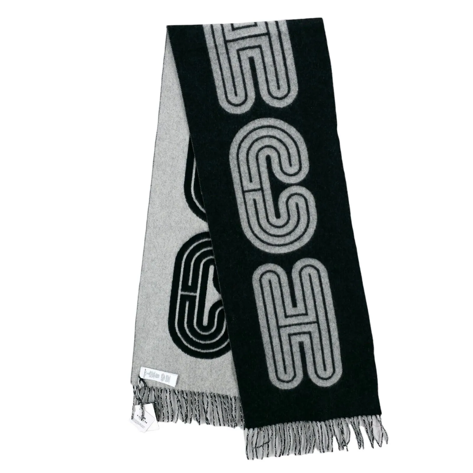 NWT COACH 100% Cashmere Signature Logo "Retro" Scarf Gray Square Fringe