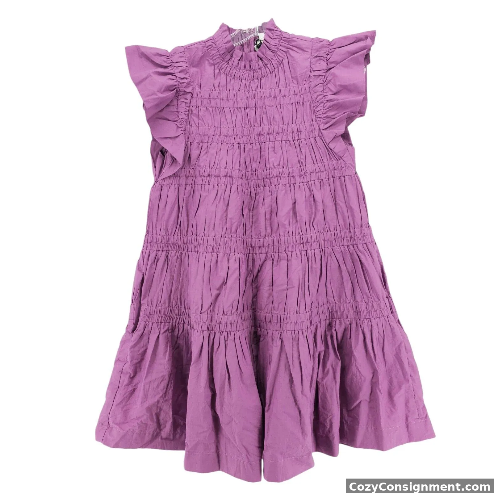 SEA NY Steph Tiered Cotton Tunic Dress Flutter Sleeve Smocked Purple Size XS