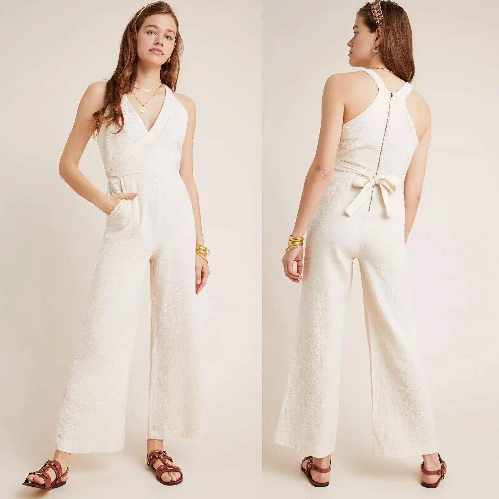 ANTHROPOLOGIE Demi Textured Jumpsuit Cream Ivory Wide Leg Tie Pockets Size 2