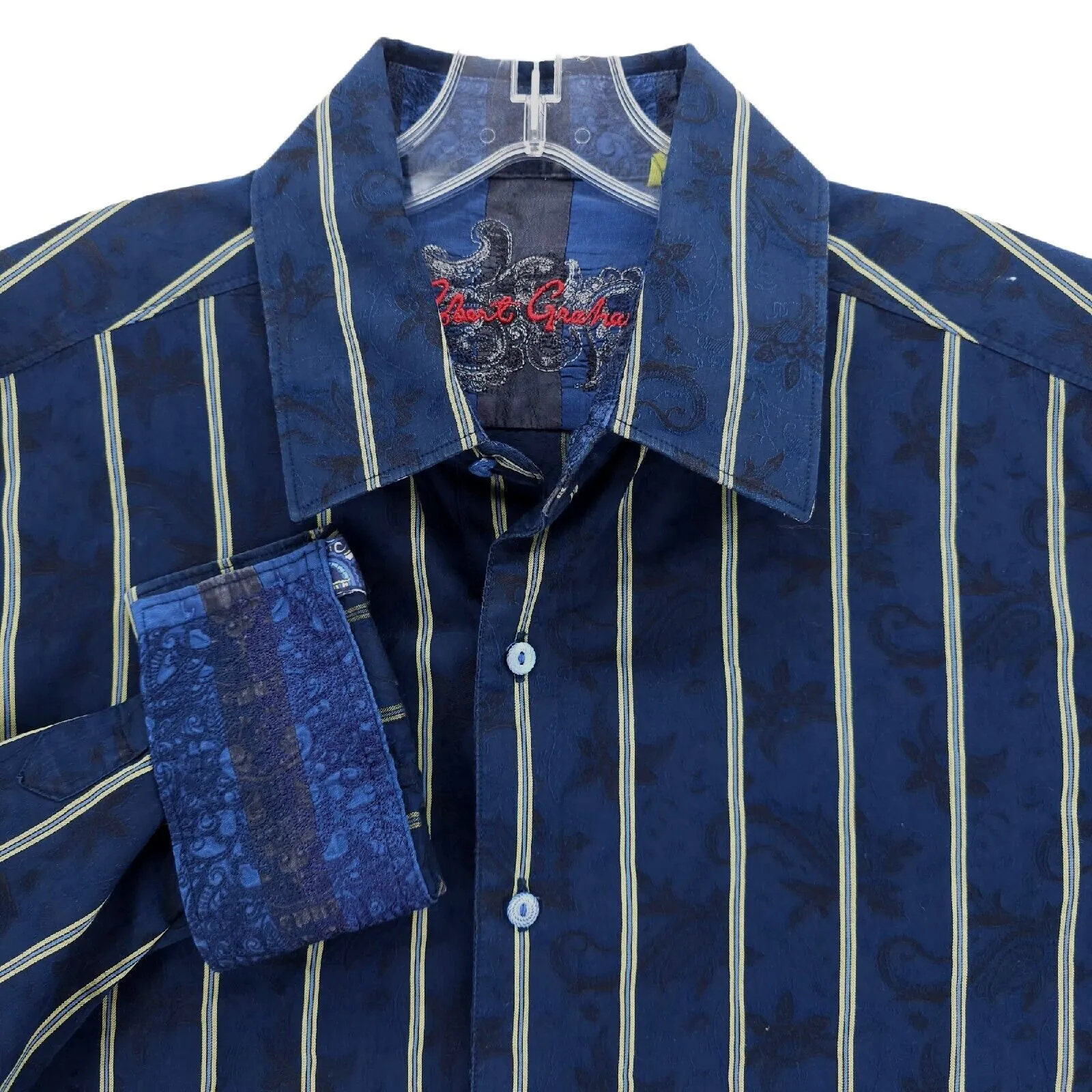 ROBERT GRAHAM Shirt Blue Yellow Striped Paisley Flip Cuffs Classic Fit XL