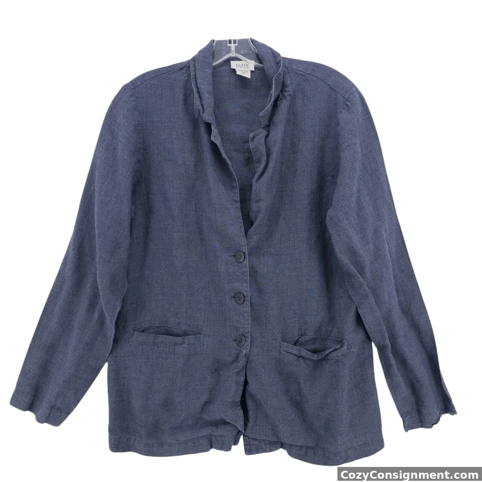 EILEEN FISHER Blue Rayon Linen Ramie Jacket Woven Pockets Size MEDIUM