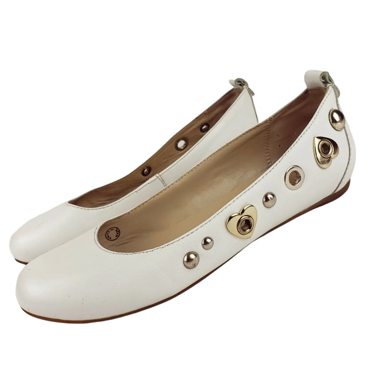 LOVE Moschino Silver Heart Studded White Flats Size EU 36 US 6