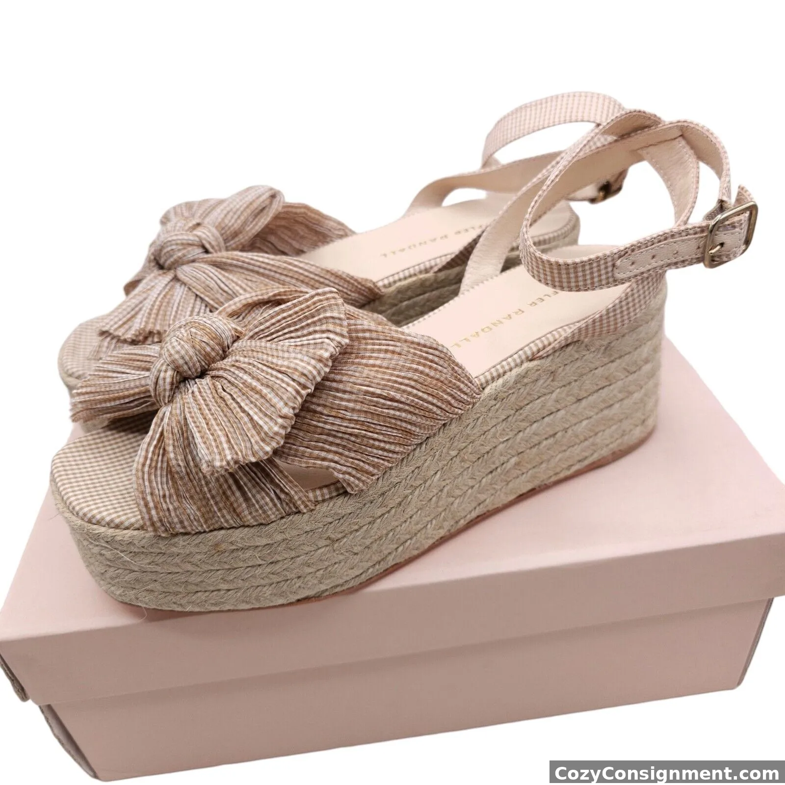 Loeffler Randall Posey Knot Bow Wedge Espadrille Sandals Tan Cream Gingham 7B