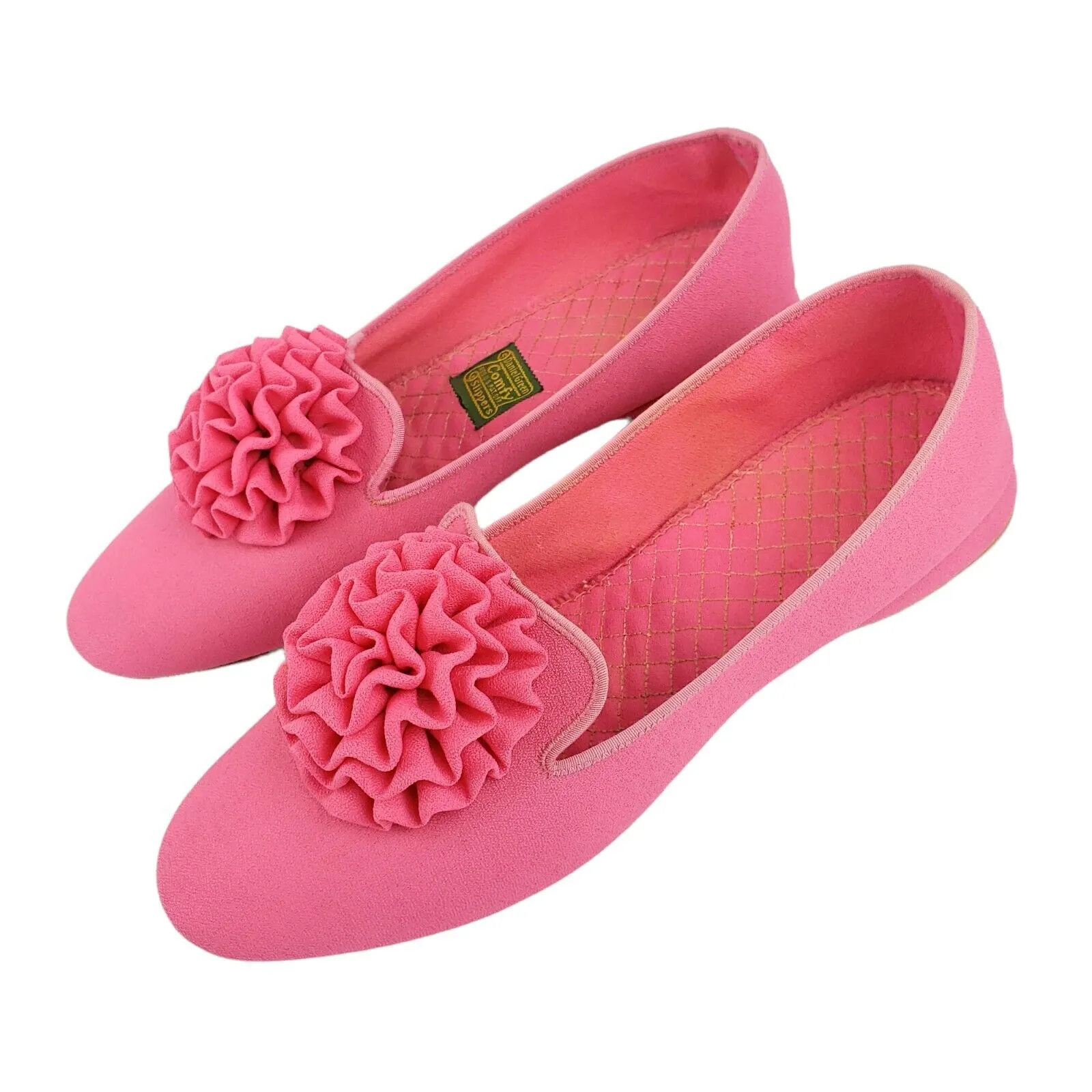 DANIEL GREEN 60's Vintage Hot Pink Bow Flower Flat Slippers MADE IN USA 6.5?