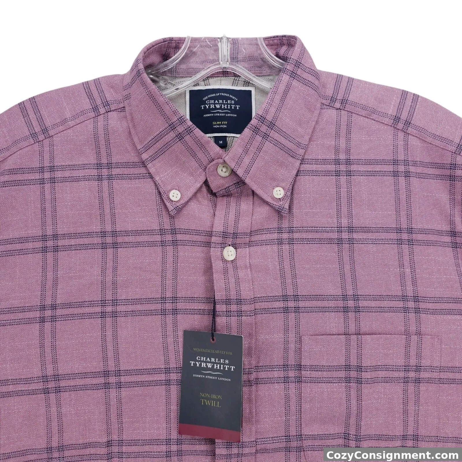 NWT CHARLES TYRWHITT Slim Fit non Iron Shirt Berry Double Windowpane MEDIUM