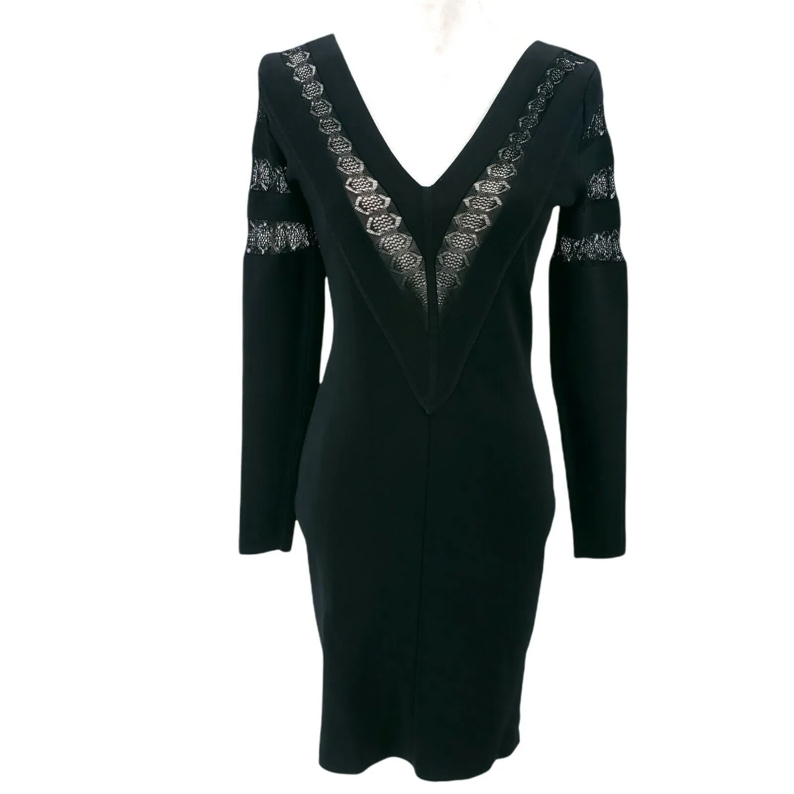 KAREN MILLEN Black Bodycon Dress Lace Detail Long Sleeves Size 3 EUC