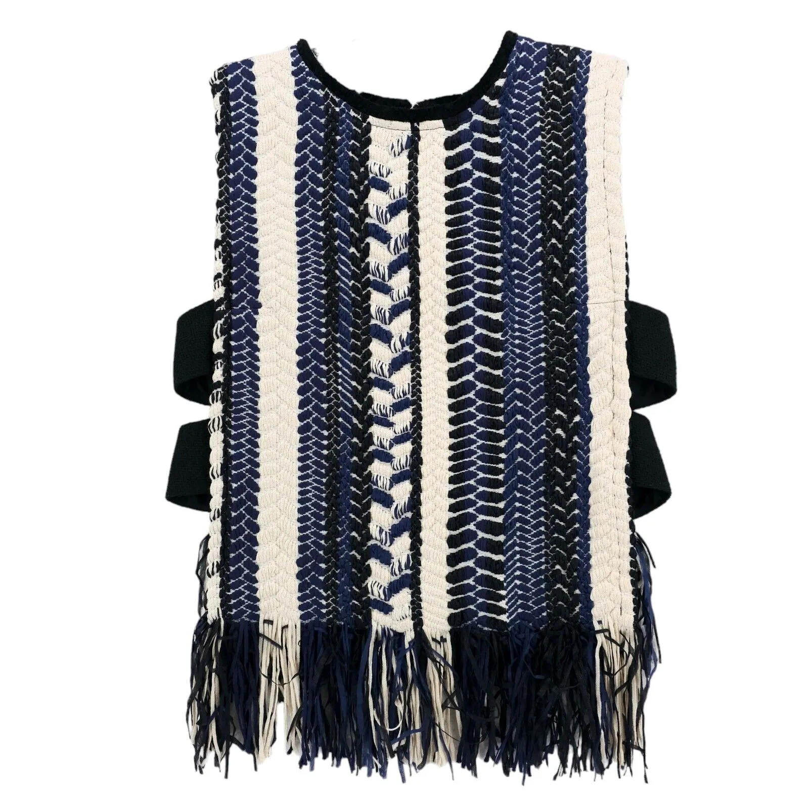 SEA New York Sleeveless Top Blue Black Ivory Fringe Textured Open Sides Size 4