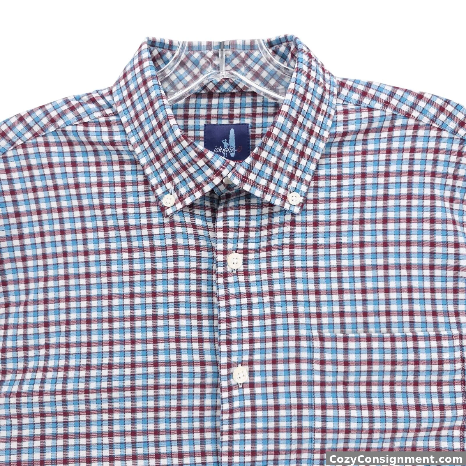 JOHNNIE-O Long Sleeve Prep-formance Shirt Cranberry Red Blue Gingham Check SMALL