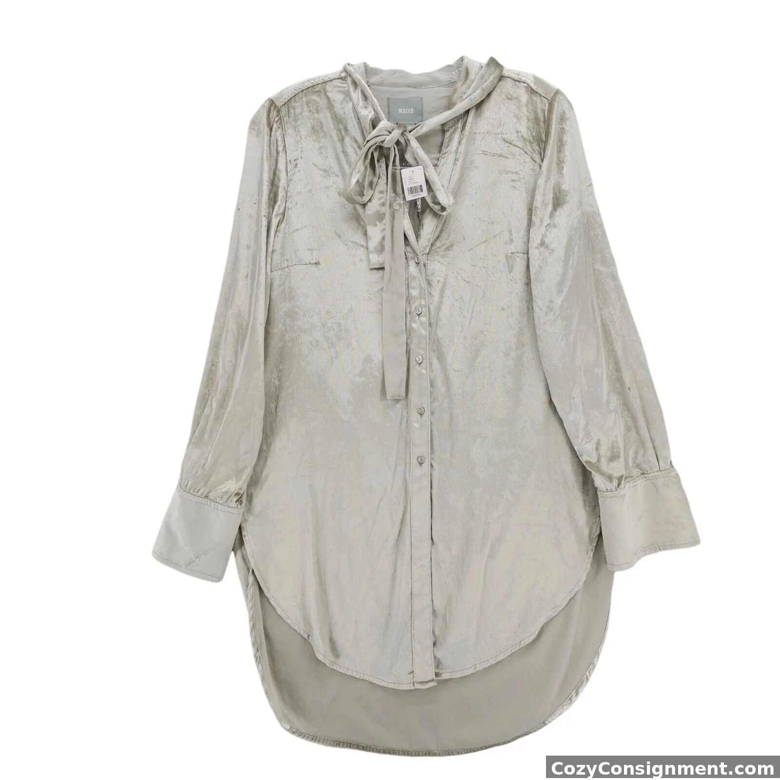 NWT Anthropologie MAEVE Silver Crushed Velvet Tie Neck Tunic Shirt Size US 4