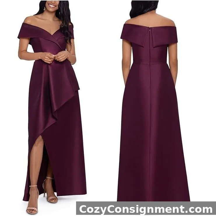 NWT XSCAPE Acadia Off-The-Shoulder Gown Dress Burgundy Asymmetric Size 16