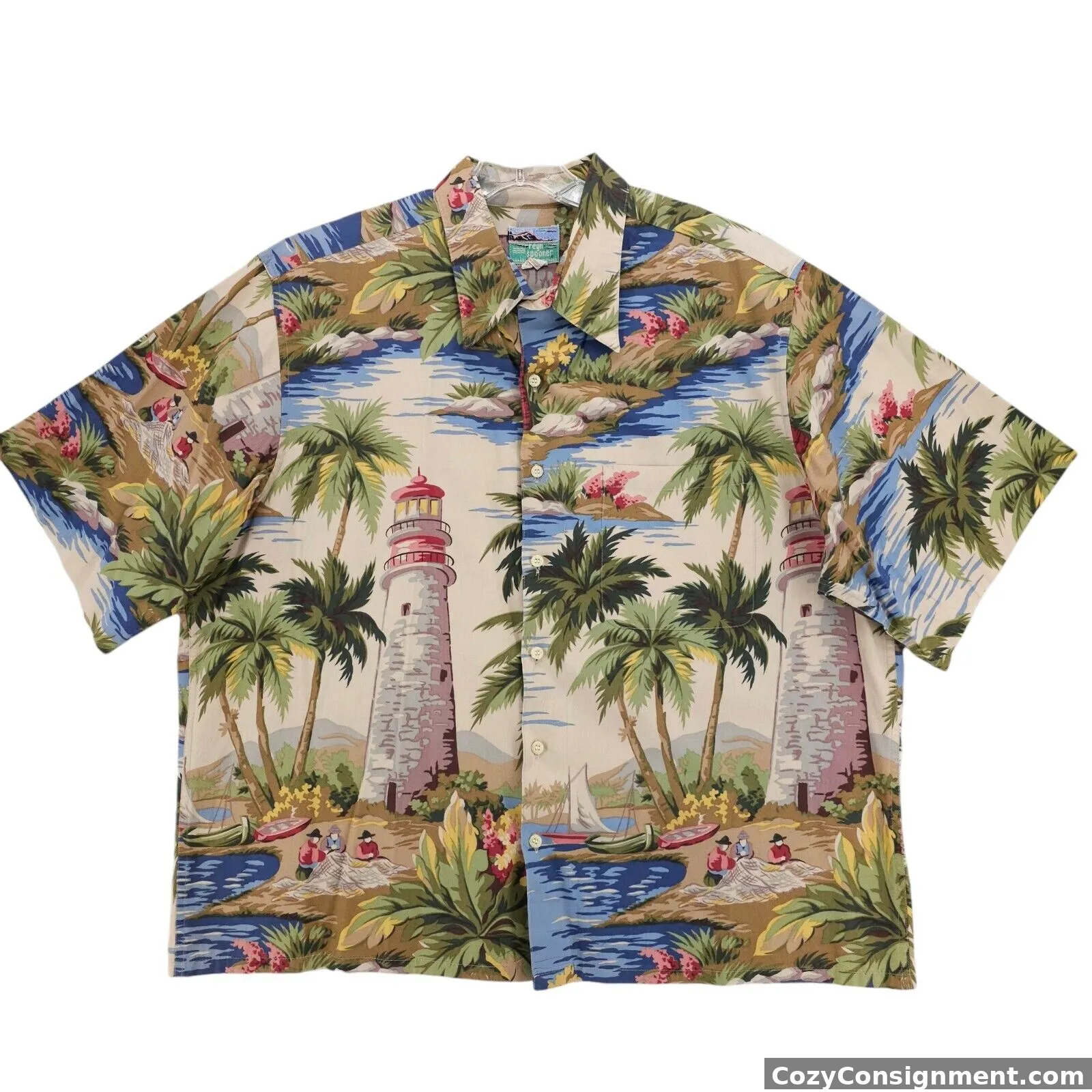 REYN SPOONER Lighthouse Hawaiian Shirt All Over Print 100% Cotton Size XL