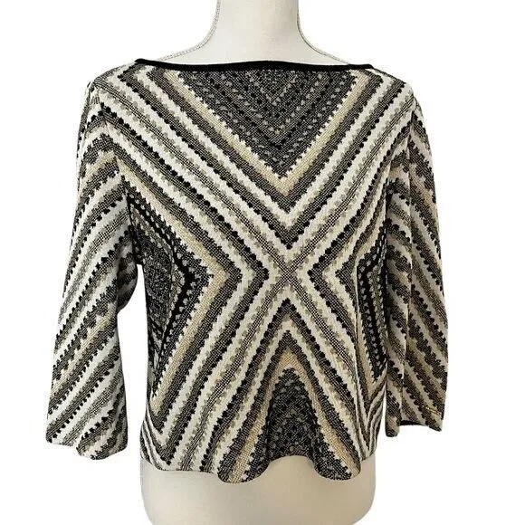 ST JOHN Sport Metallic Gold Black White Boxy Crop Sweater Knit Top Size SMALL