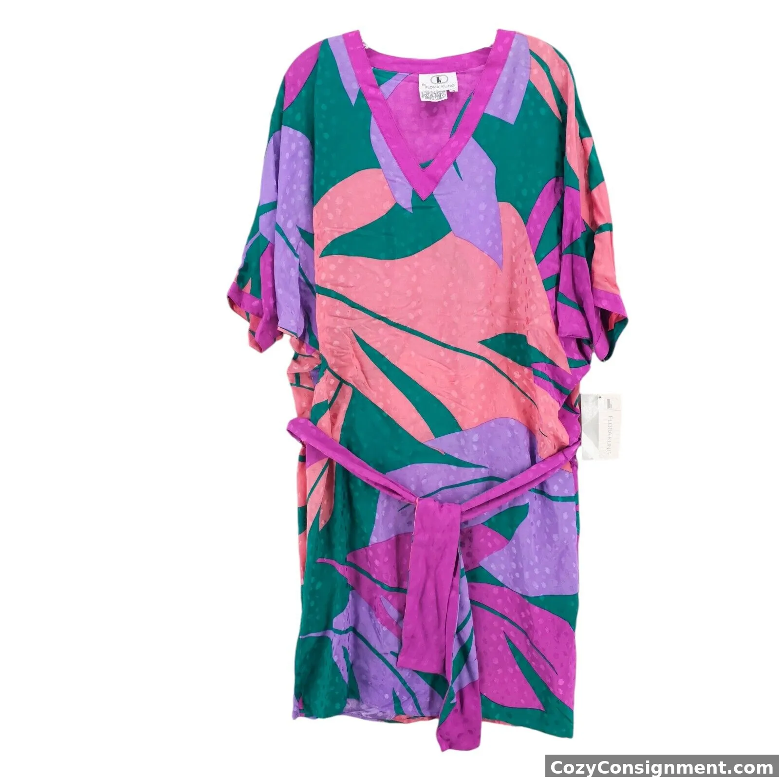 FLORA KUNG Vintage 100% Silk Dress Belted Colorful NOS Dolman Sleeve Size 10