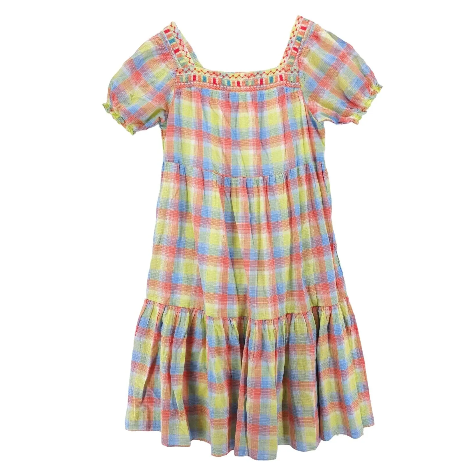 Johnny Was Delacey Plaid Square Neck Tiered Dress Embroidered Colorful Size XL